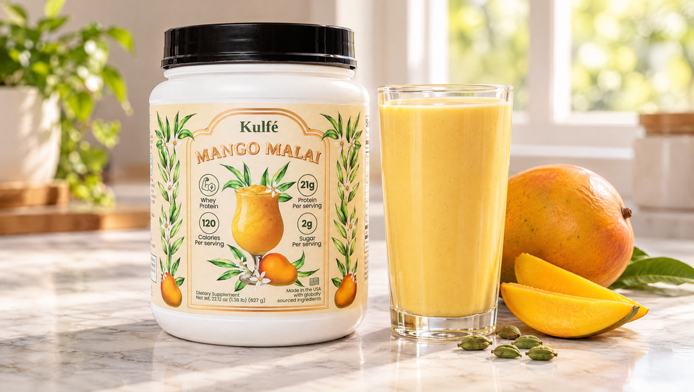 Mango Malai whey tub next to a mango malai shake