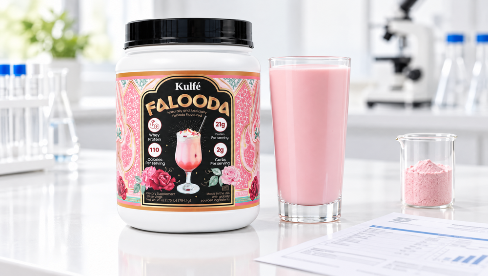 Falooda whey tub and shake on a lab bench