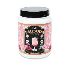 Kulfé Falooda whey protein powder bottle, front view