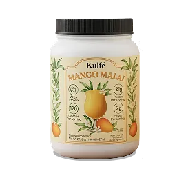 Kulfé Mango Malai whey protein powder bottle, front view